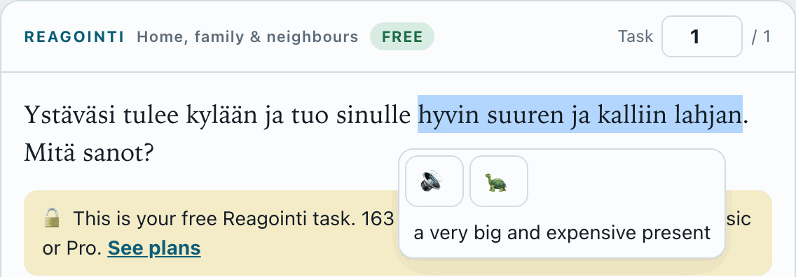 YKI Coach: highlight a Finnish phrase to hear it and see the English translation